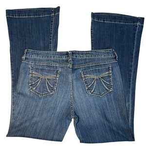 Womens A.N.A. Flare Stretch Blue Denim Jeans SZ 14 Pocket Detail 34x32 Med Wash